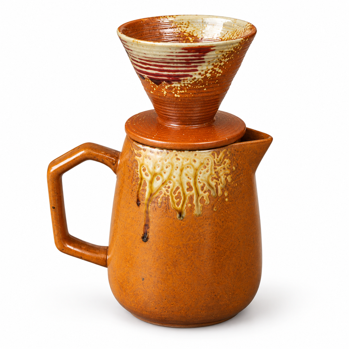 Amber ceramic pour-over coffee set with cone dripper and matching server on a white background