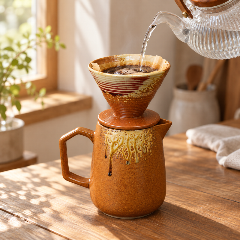 Water pouring into the amber ceramic dripper above its matching coffee server