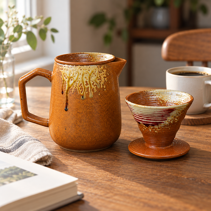 Amber ceramic coffee server and separate dripper on a wooden breakfast table