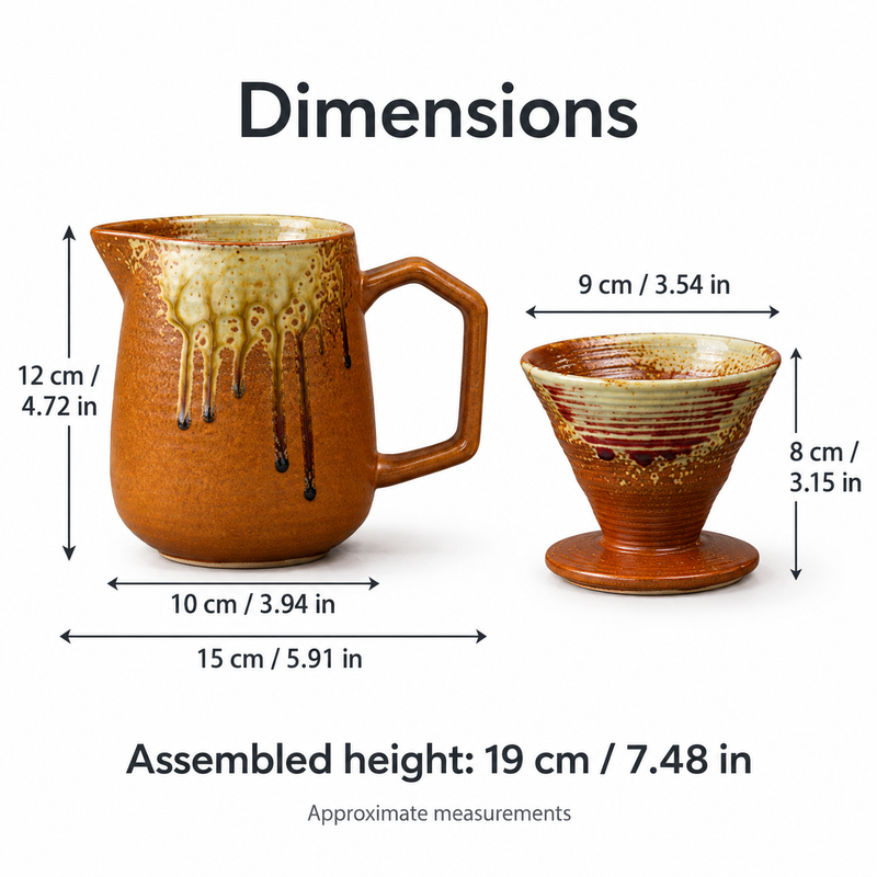 Dimensions of the ceramic server and dripper in centimeters and inches