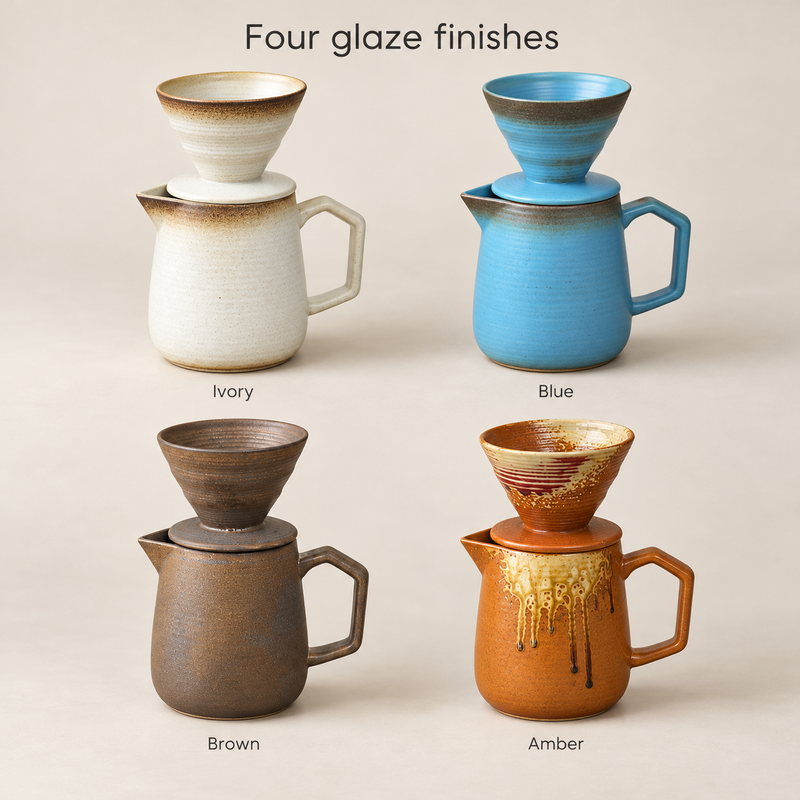 Ceramic pour-over coffee sets in Ivory, Blue, Brown and Amber glaze finishes