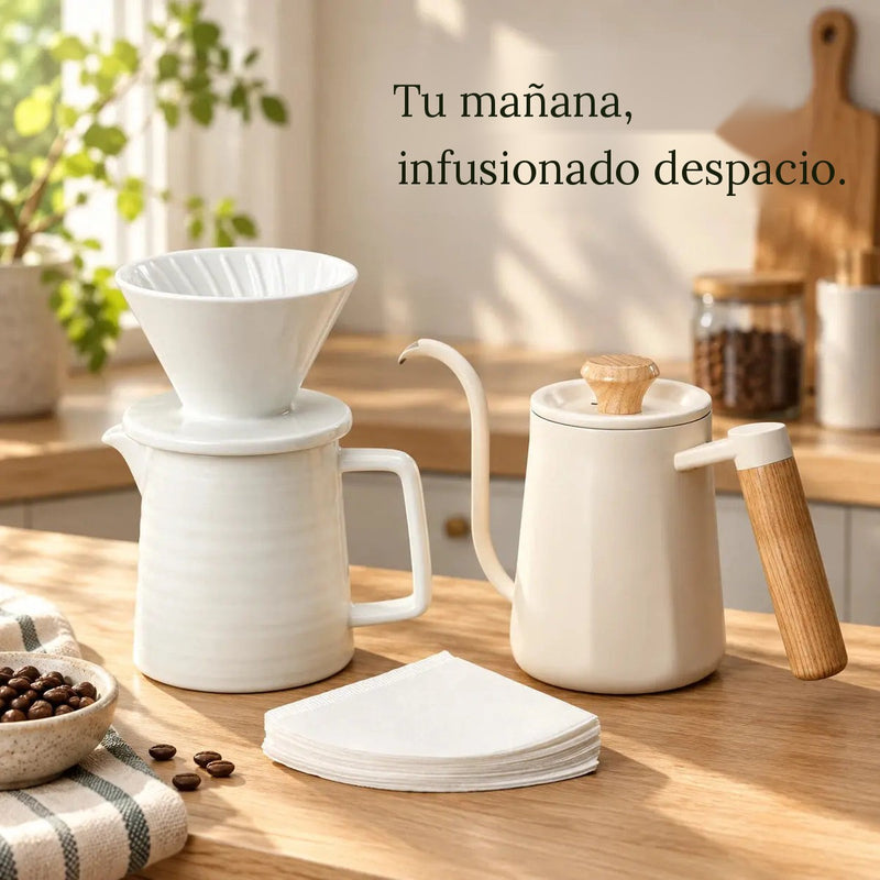 Kit de café de filtro de cerámica con hervidor de cuello de cisne en una cocina