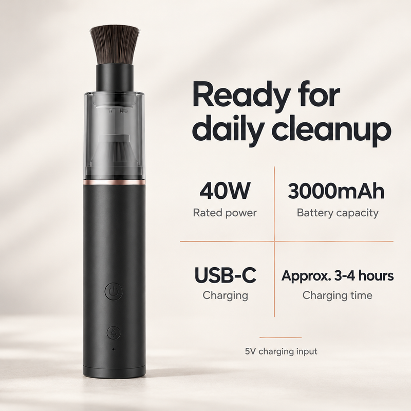 Technische Daten des Saugers: 40 W Leistung, 3000-mAh-Akku, Laden per USB-C, ca. 3–4 Stunden Ladezeit und 5 V Eingang
