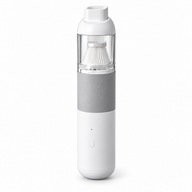 White and gray USB-C coffee grounds vacuum with transparent dust chamber on a white background