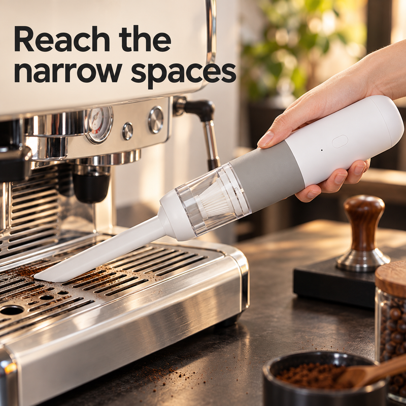 Long white crevice nozzle cleaning dry coffee grounds from an espresso machine drip tray