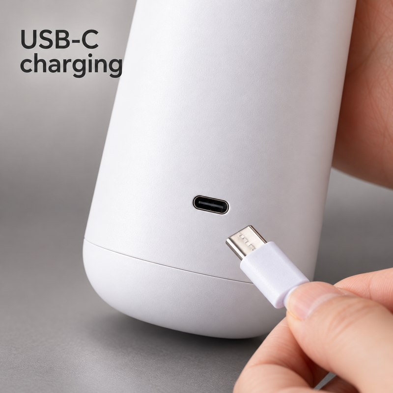 USB-C charging port and cable connector on the white coffee vacuum