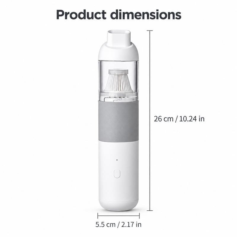 Coffee grounds vacuum dimensions: 26 cm / 10.24 in high and 5.5 cm / 2.17 in wide