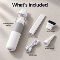Coffee vacuum with crevice nozzle, brush nozzle, blower nozzle and USB-C charging cable