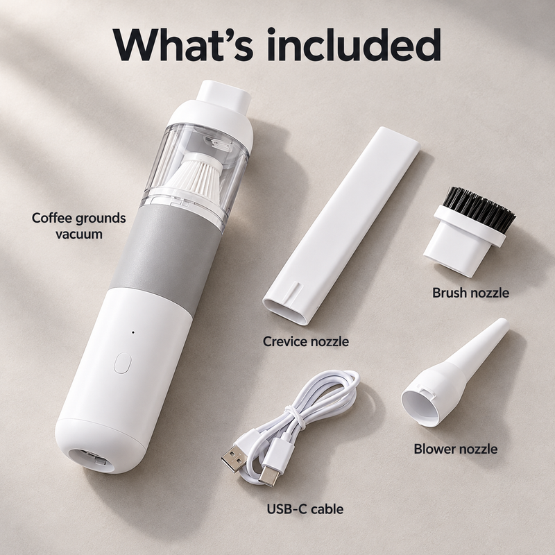 Coffee vacuum with crevice nozzle, brush nozzle, blower nozzle and USB-C charging cable