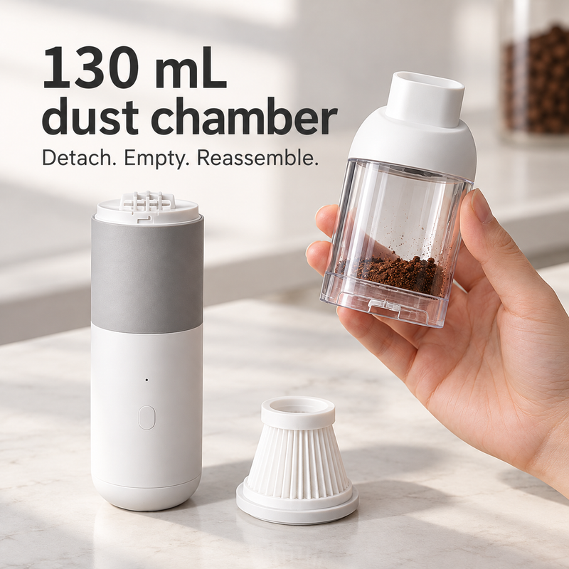 Detached 130 mL dust chamber, removable filter and white and gray coffee vacuum body