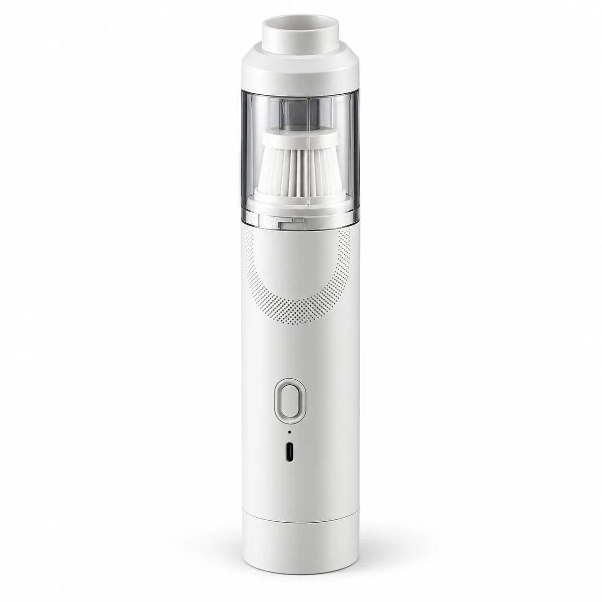 White cordless coffee vacuum and blower with transparent dust cup on a white background