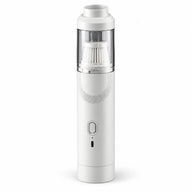 White cordless coffee vacuum and blower with transparent dust cup on a white background