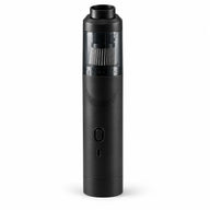 Black cordless coffee vacuum and blower with transparent dust cup on a white background