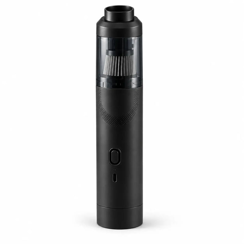 Black cordless coffee vacuum and blower with transparent dust cup on a white background