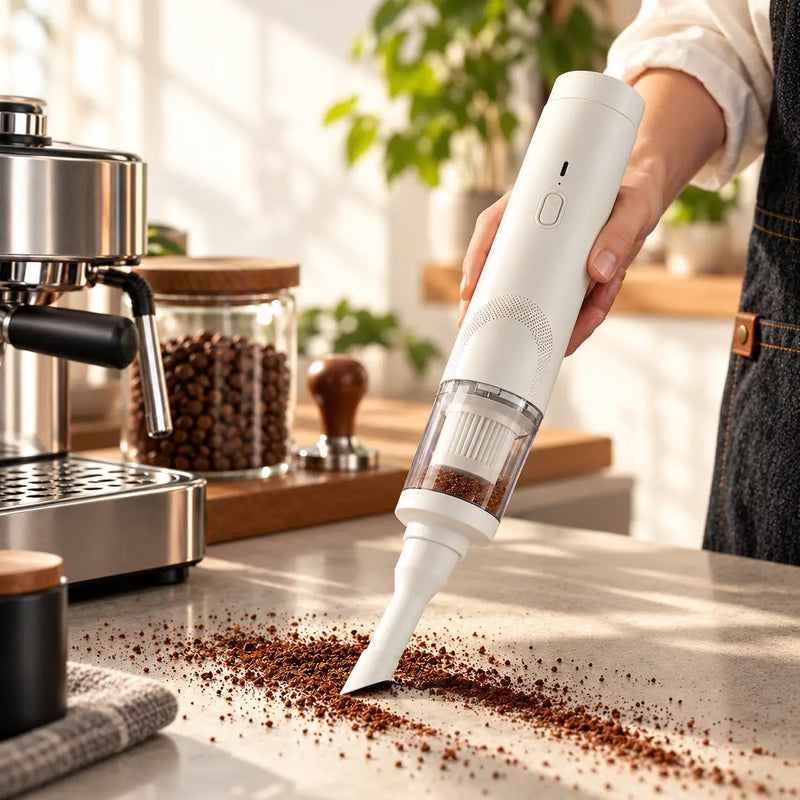 White cordless coffee vacuum with crevice nozzle cleaning dry grounds from a coffee counter