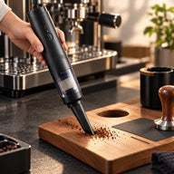 Black handheld coffee vacuum cleaning loose dry grounds from an espresso tamping station
