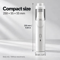White cordless coffee vacuum dimensions 250 by 55 by 55 mm without attachments