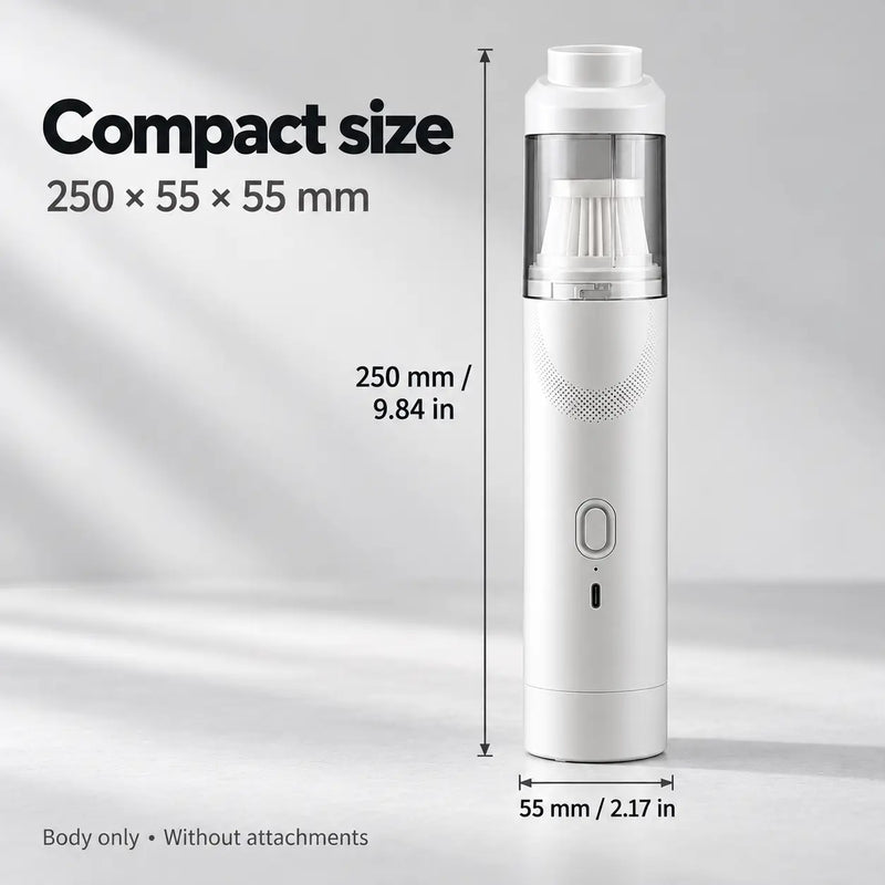 White cordless coffee vacuum dimensions 250 by 55 by 55 mm without attachments