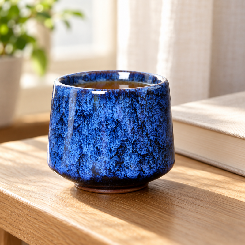 Tazza in ceramica blu con smalto cristallino piena di tè accanto a un libro su un tavolo di legno