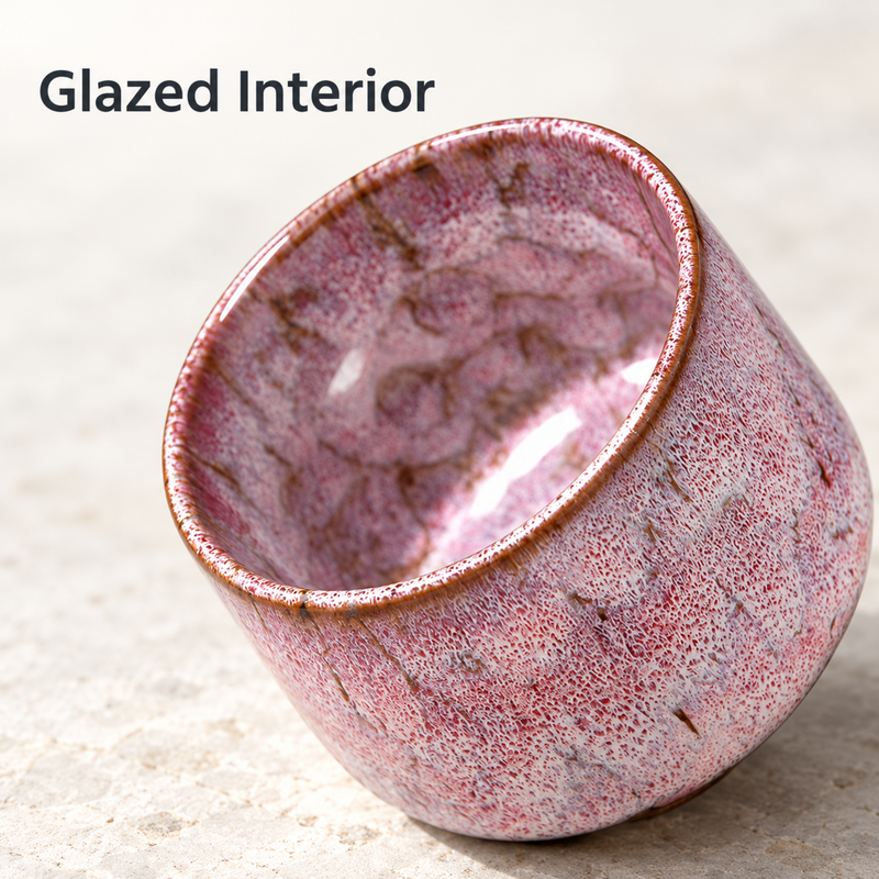 Primo piano dell’interno smaltato e del bordo arrotondato della tazza in ceramica rosa