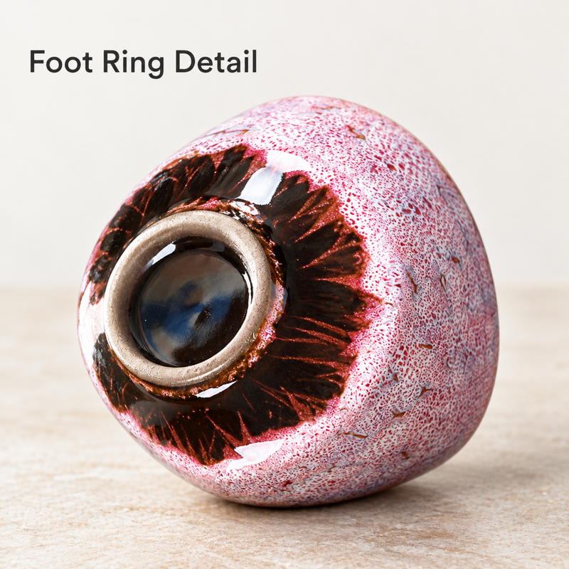 Lato inferiore della tazza in ceramica con smalto cristallino rosa con il piede ad anello