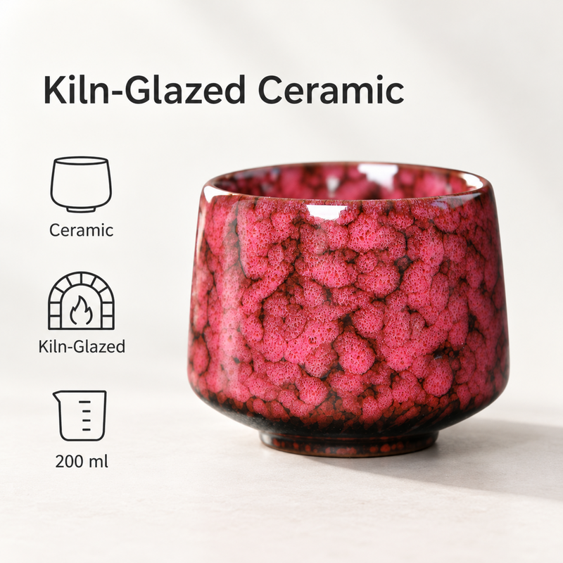 Tazza in ceramica rossa smaltata al forno con informazioni sul materiale e sulla capacità di 200 ml