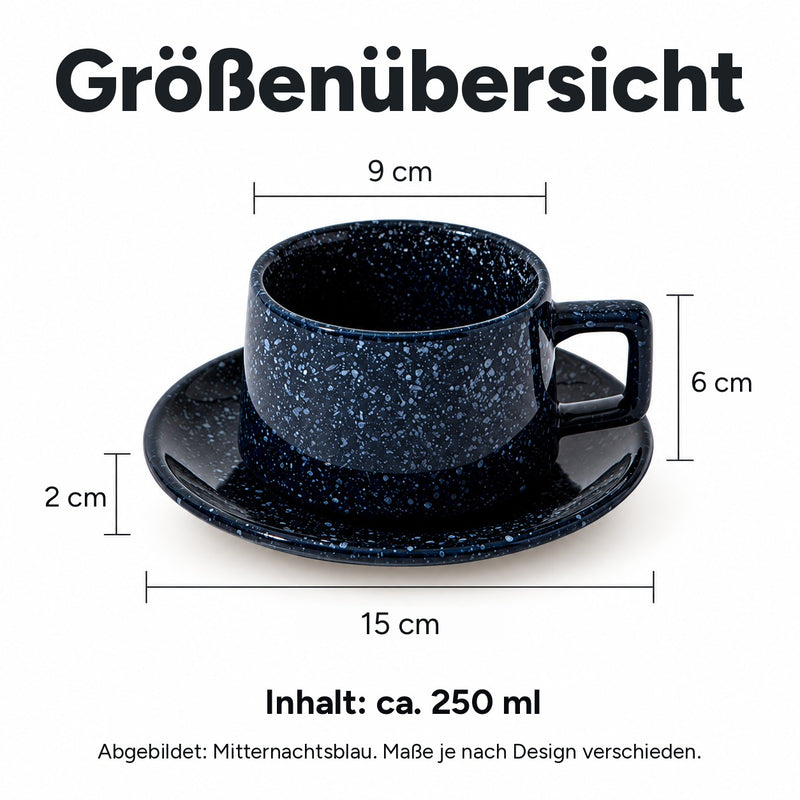 Größenübersicht Mitternachtsblau: Tasse 9 cm breit und 6 cm hoch, Untertasse 15 cm und 2 cm hoch, Inhalt ca. 250 ml