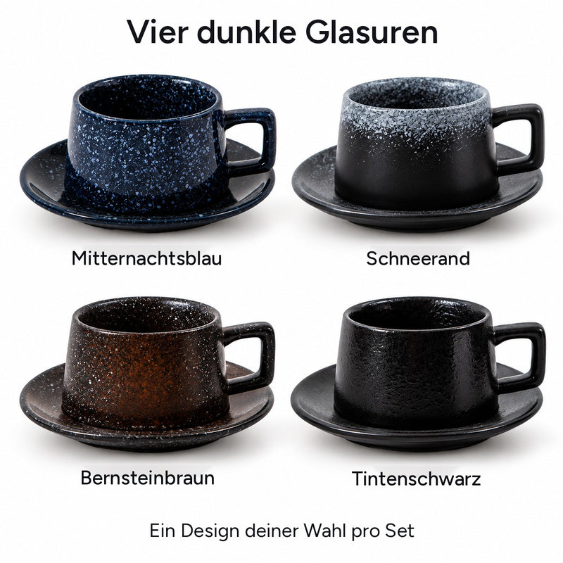 Vier dunkle Glasuren: Mitternachtsblau, Schneerand, Bernsteinbraun und Tintenschwarz