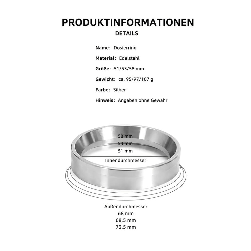 Größentabelle des Dosiertrichters: 51, 53 und 58 mm