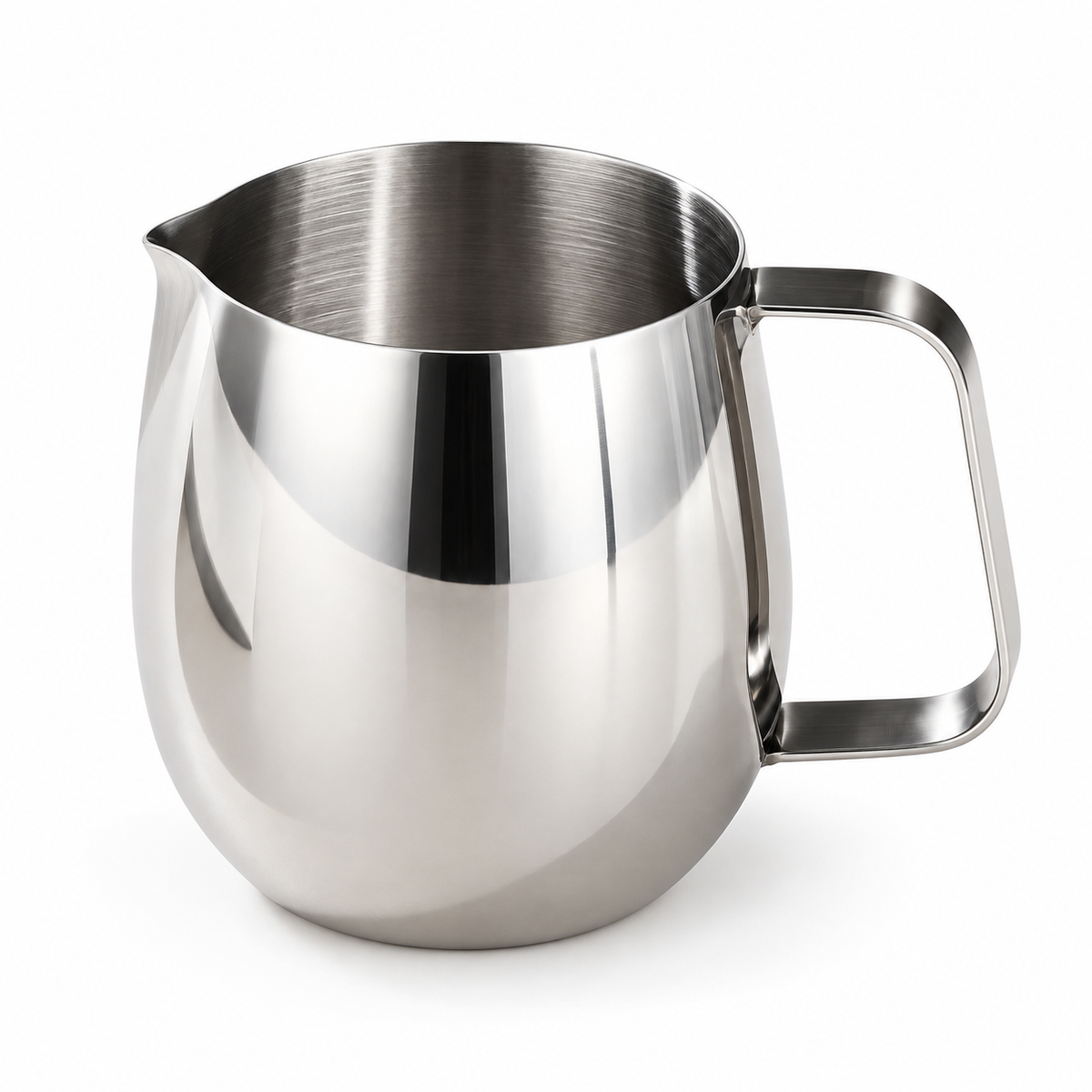 Silver egg-shaped stainless steel milk frothing pitcher with V-shaped spout and loop handle on a white background