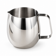 Silver egg-shaped stainless steel milk frothing pitcher with V-shaped spout and loop handle on a white background