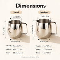 Dimension comparison of 6 cm and 7 cm mouth diameter milk pitchers with height and base diameter in centimeters and inches