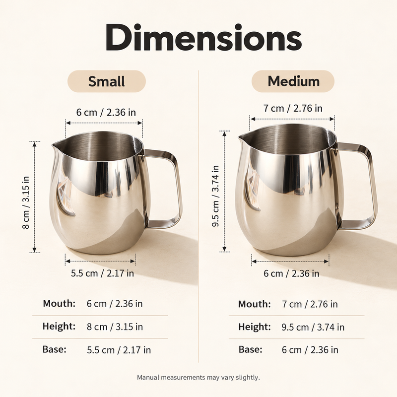 Dimension comparison of 6 cm and 7 cm mouth diameter milk pitchers with height and base diameter in centimeters and inches