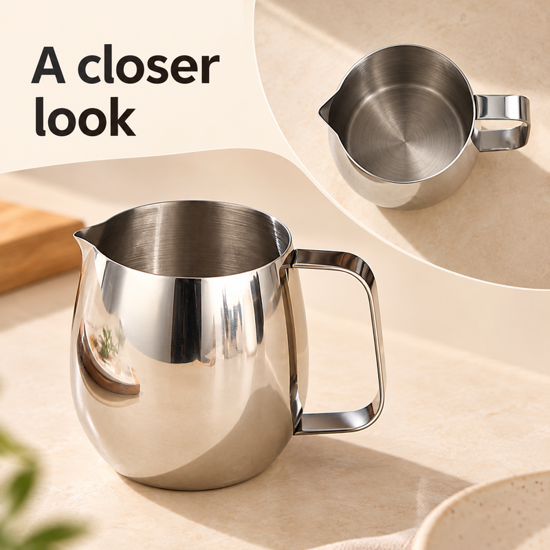 Front three-quarter and top views of the silver egg-shaped milk pitcher