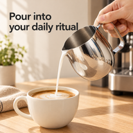Hand holding a silver egg-shaped milk pitcher and pouring milk into a coffee cup