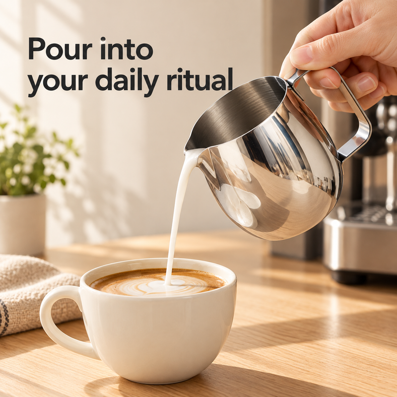 Hand holding a silver egg-shaped milk pitcher and pouring milk into a coffee cup