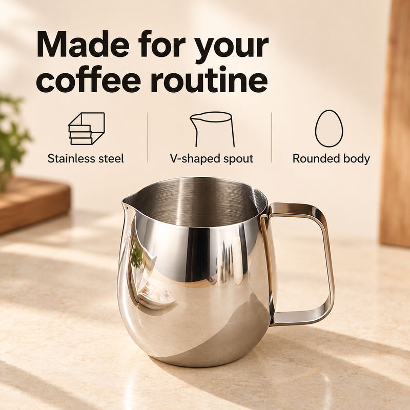 Silver egg-shaped pitcher with labels for stainless steel, V-shaped spout and rounded body
