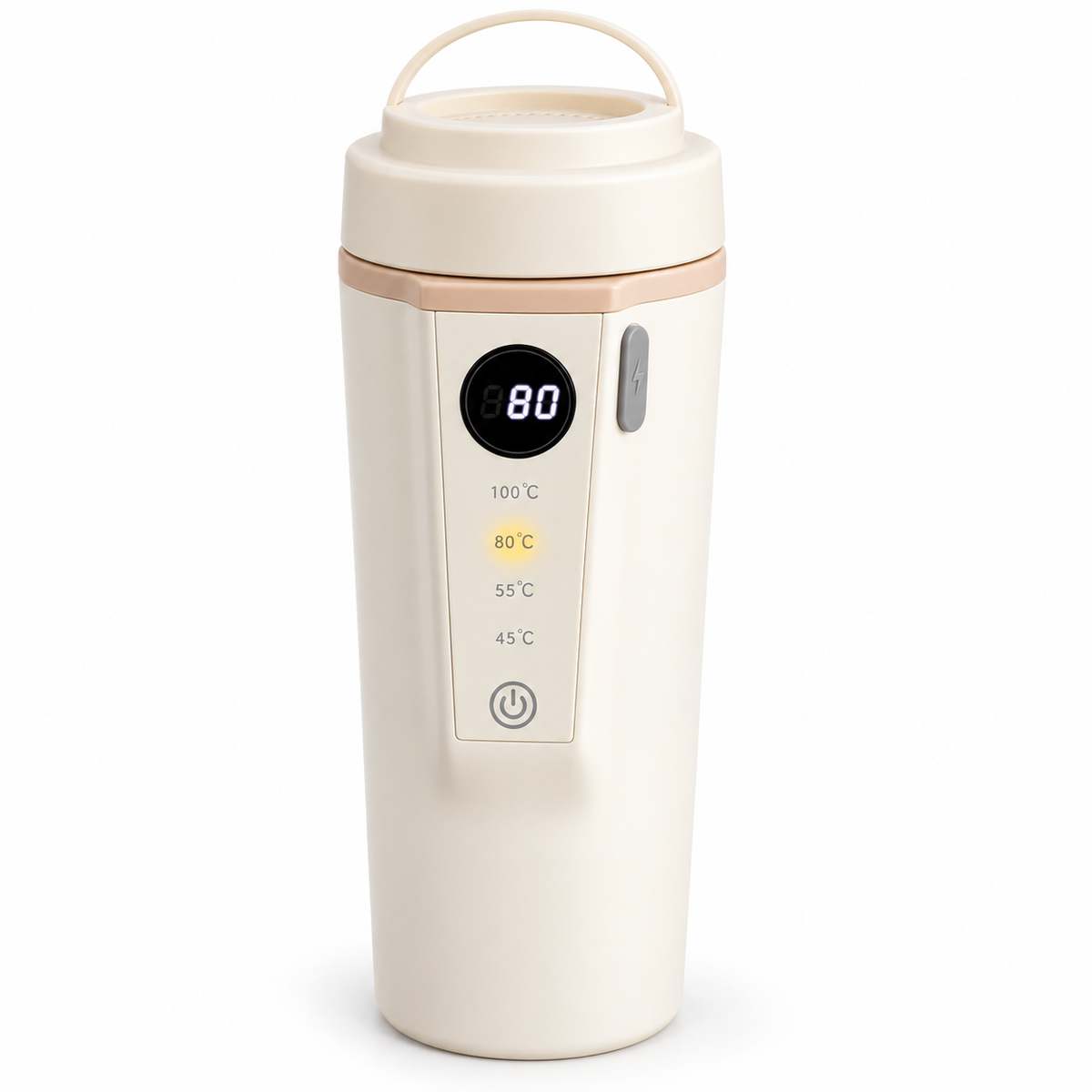 Ivory 500 mL electric car kettle with digital temperature display on a white background