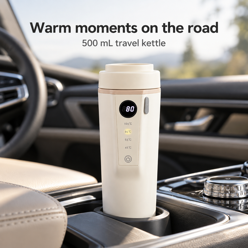 Ivory electric travel kettle standing in a parked car center console cup holder