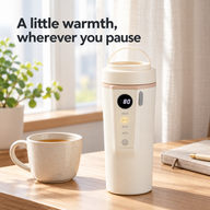 Ivory travel kettle beside a ceramic cup on a sunlit desk