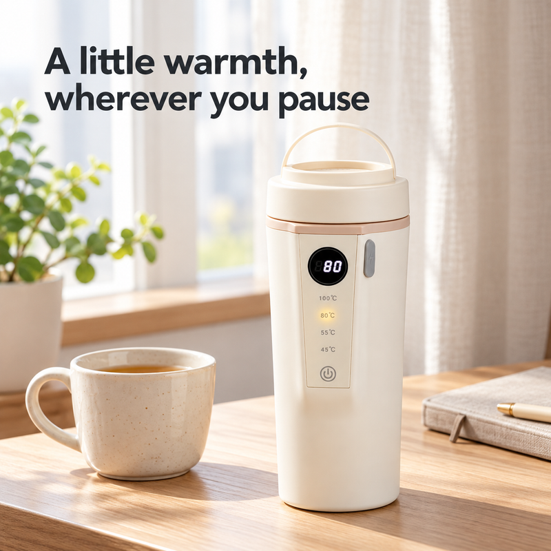 Ivory travel kettle beside a ceramic cup on a sunlit desk