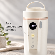 Close-up of the round display and four temperature settings on the ivory kettle