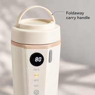 Close-up of the raised foldaway carry handle on the ivory kettle lid
