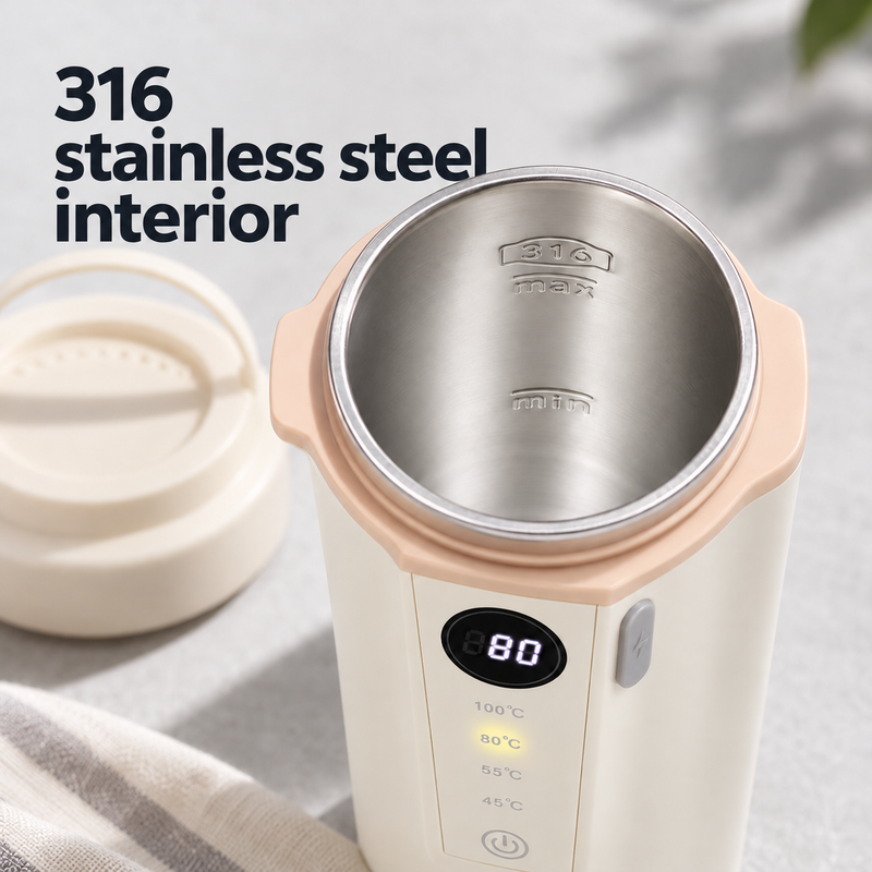 Open kettle showing the 316 stainless steel interior and maximum and minimum marks