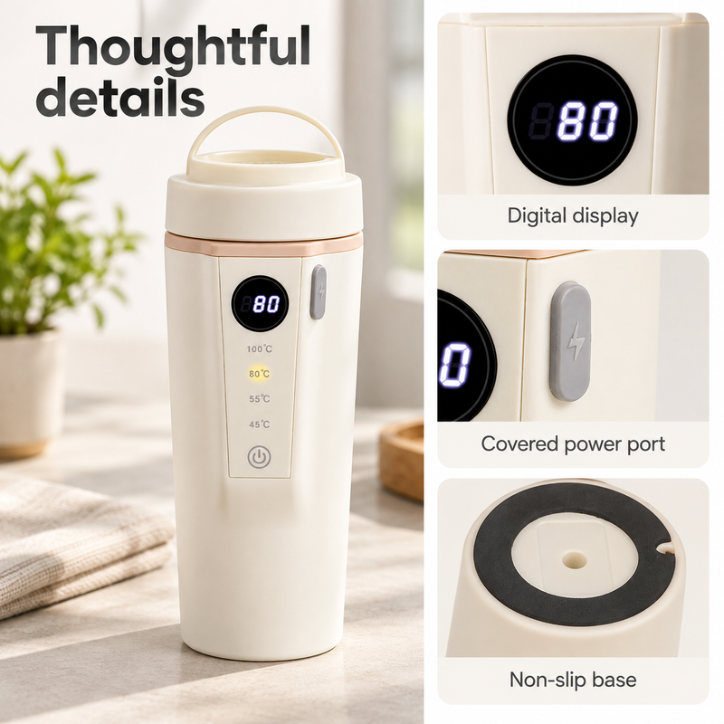 Digital display, covered power port and non-slip base of the ivory travel kettle