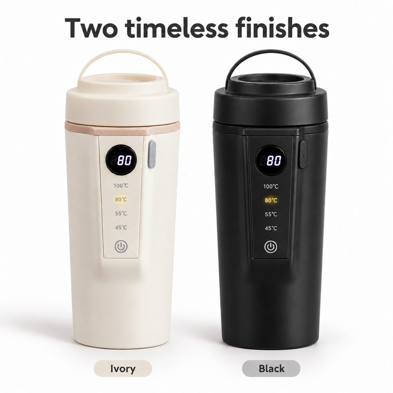 Ivory and black 500 mL electric car kettles displayed side by side