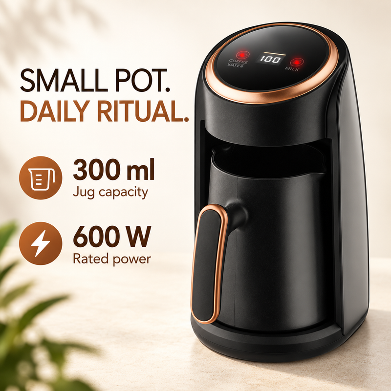 Black electric coffee pot with 300ml jug capacity and 600W rated power