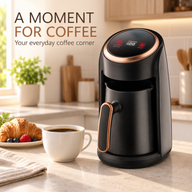 300ml electric coffee pot on a kitchen counter beside a cup of coffee and breakfast