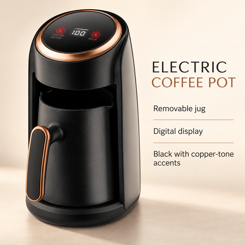 Electric coffee pot with removable jug, digital display and black finish with copper-tone accents