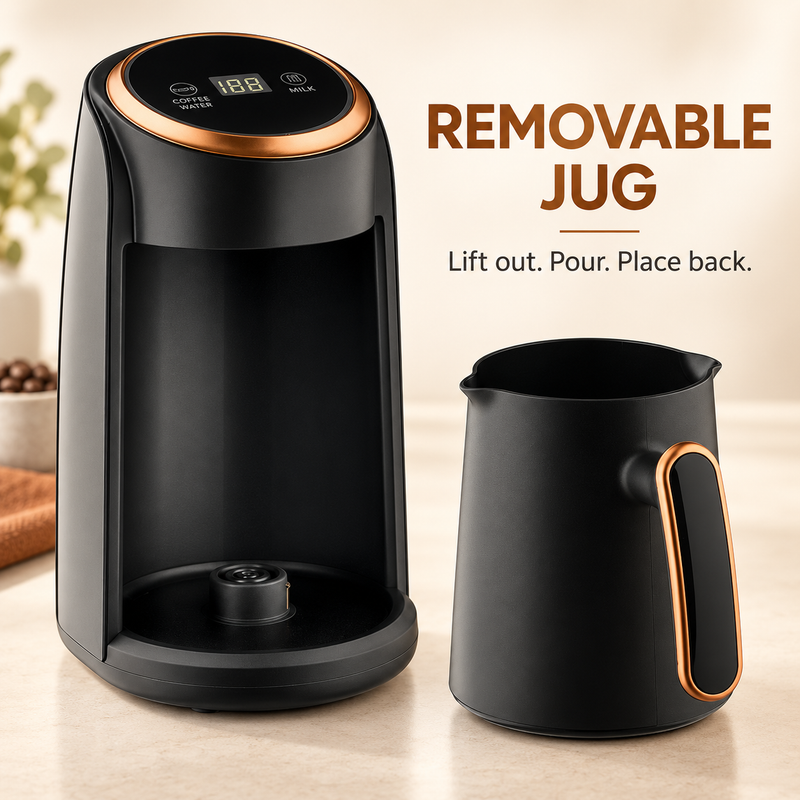 Electric coffee pot base beside its removable 300ml black jug
